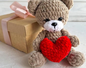 Crochet teddy bear with heart, Woodland animal toy, Amigurumi bear toy plushie, Valentines day gift for her him