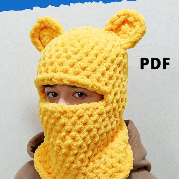 Balaclava pattern PDF bear with ears knit hat Balaklava seamless pattern