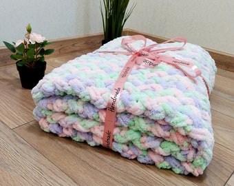 Couverture pour bébé Croshet, couverture douce pour bébé, couverture en peluche pour bébé, couverture en tricot épais, cadeau pour nouvelle maman, couverture pour bébé fille garçon cadeau nouveau-né à carreaux