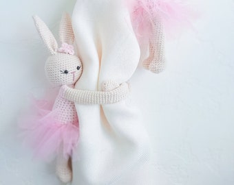 Set of 2 Crochet Curtain Tie Backs Ballerina Bunny, Knit Rabbits Curtain Holders Nursery Tie Back Stuff Animal Amigurumi Bunny Toy