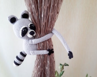 Raccoon Curtain Tie Back, woodland animal toy, Animal tie backs, Raccoon Curtain Holders,  Nursery decor