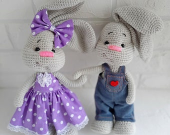 Crochet Couple Bunny Girl and Boy, Plush Bunny Doll, Staffed Bunny, First Soft Baby Toy, Baby Shower Gift