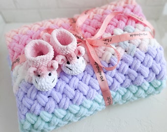 Rainbow baby gift, Baby shower gift for girl, Baby booties unicorn, Baptism gift girl, Newborn photo props, Rainbow baby blanket