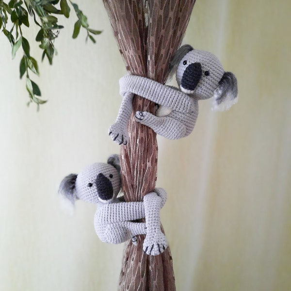 Crochet Curtain Tie Backs Koala, Knit Pair of Koalas Curtain Holders, Tie Back Stuff Animal, Amigurumi Koala Toy Nursery