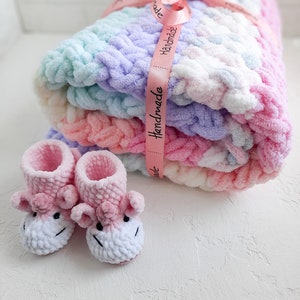 Rainbow baby blanket, Baby shower gift, Baby booties unicorn, New baby girl gift, Newborn photo props, New mom gift