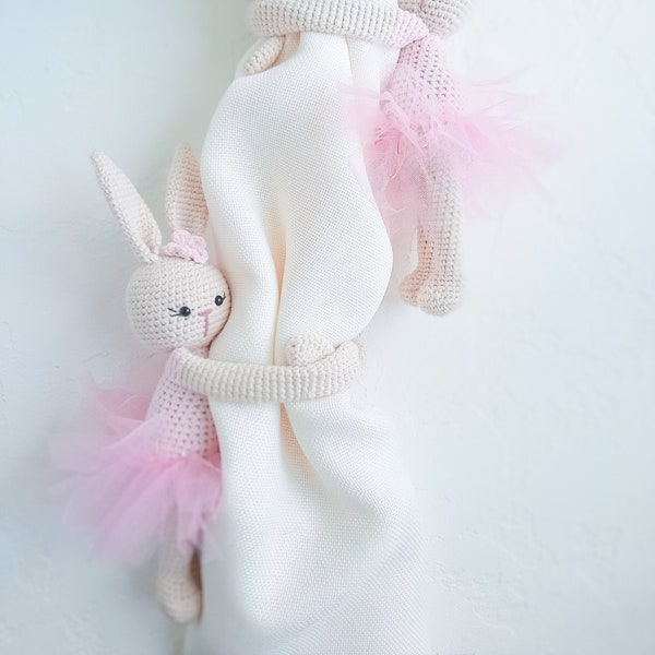 Set of 2 Crochet Curtain Tie Backs Ballerina Bunny, Knit Rabbits Curtain Holders Nursery Tie Back Stuff Animal Amigurumi Bunny Toy