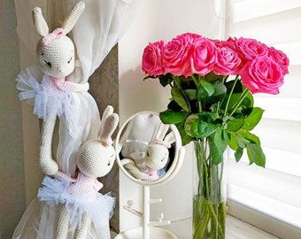 Set of 2 Crochet Curtain Tie Backs Ballerina Bunny, Knit Rabbits Curtain Holders, Tie Back Stuff Animal, Amigurumi Bunny Toy