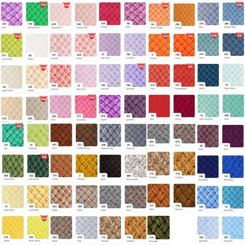 K&ouml;nnte beinhalten: Eine Farbkarte mit 100 verschiedenen Garnfarben. Das Garn hat eine dicke, weiche und flauschige Textur. Die Farben sind in Reihen und Spalten angeordnet. Jede Farbe hat eine Nummer und einen Namen.