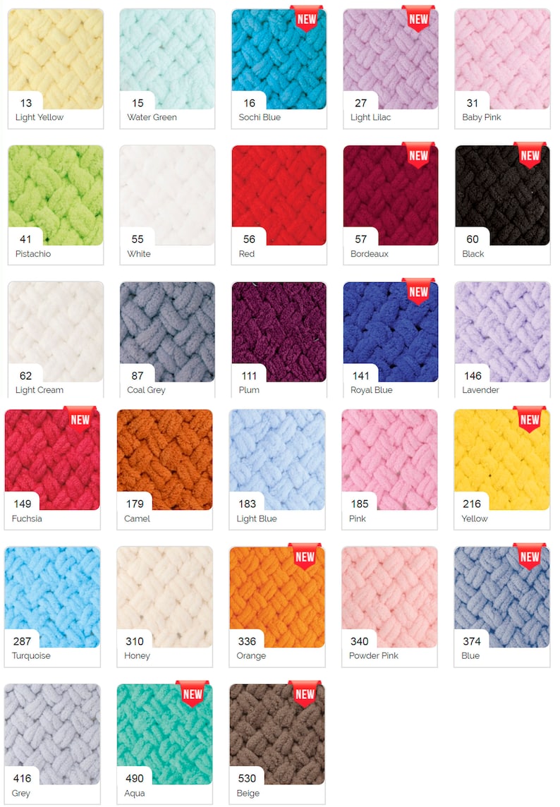 Peut inclure: Un nuancier de fils de laine en diff&eacute;rentes couleurs, notamment jaune clair, vert d'eau, bleu de Sochi, lilas clair, rose p&acirc;le, pistache, blanc, rouge, bordeaux, noir, cr&egrave;me clair, gris anthracite, prune, bleu royal, lavande, fuchsia, camel, bleu clair, rose, jaune, turquoise, miel, orange, rose poudr&eacute;, bleu, gris, aqua et beige.