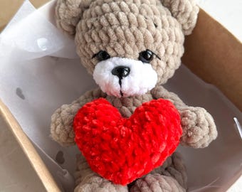 New baby gift for pregnant, Crochet teddy bear with heart, Woodland animal toy, Amigurumi bear toy plushie