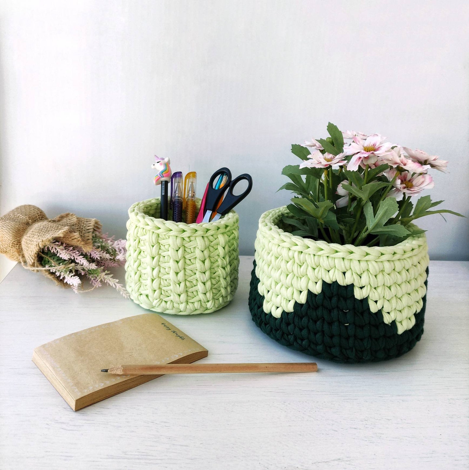 Green Storage Basket Set Office Desk Basket Pencil Holder Etsy