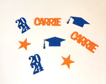 Graduation Confetti, Graduation Party Decorations, 2024 Graduation Confetti, Personalized Name Confetti, 2024 Confetti, Orange and Blue Grad