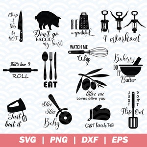 May include: A set of 12 black and white SVG cut files for crafting projects. The designs include kitchen-themed phrases and images, such as "Chop it like it's hot", "Don't go bacon my heart", "Watch me whip", "Olive me loves olive you", and "Just beat it".