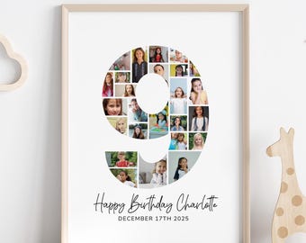9th Birthday Photo Collage Template, Number Photo Collage, Number 9 Collage, Custom Gift for Him, 9th Birthday Gift, Editable Canva Template