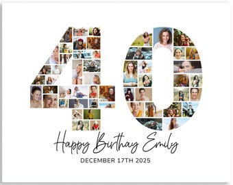 40th Birthday Photo Collage Template, Printable 40th Birthday Gift, Number 40 Collage, Custom Gift for Him, for Her, 40 Number Poster