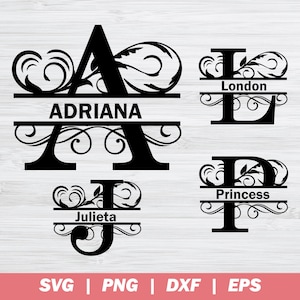 Könnte beinhalten: Ein digitales Design mit drei monogrammierten Initialen mit dekorativen Verzierungen. Die Initialen sind A, L und J. Die Namen Adriana, London und Julieta stehen unter den Initialen.