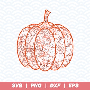 May include: An orange pumpkin with a detailed floral design, including sunflowers, berries, and other flowers. The pumpkin is outlined in a thin black line.
