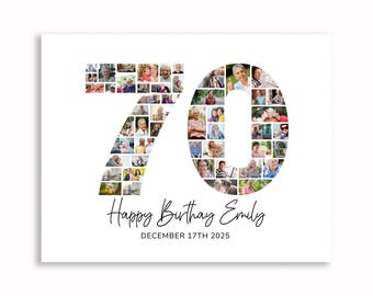 Plantilla de collage de fotos para el 70 cumpleaños, regalo imprimible para el 70 cumpleaños, collage con el número 70, regalo personalizado para él o ella, collage de fotos editable para el 21 cumpleaños
