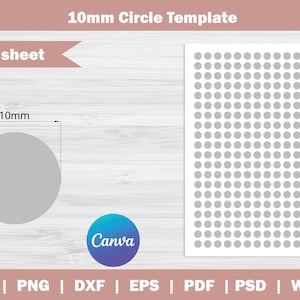 Op de afbeelding: Een printbare sjabloon voor het maken van 10 mm cirkels. De sjabloon is ontworpen om te passen op een vel papier van 8,5" x 11" en bevat een raster met cirkels. De sjabloon is perfect voor het maken van labels, stickers of andere knutselprojecten.