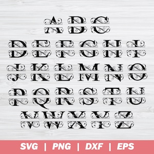 May include: A set of 26 alphabet letters with decorative flourishes and a horizontal line dividing each letter in half. The letters are in black and are set against a white background.