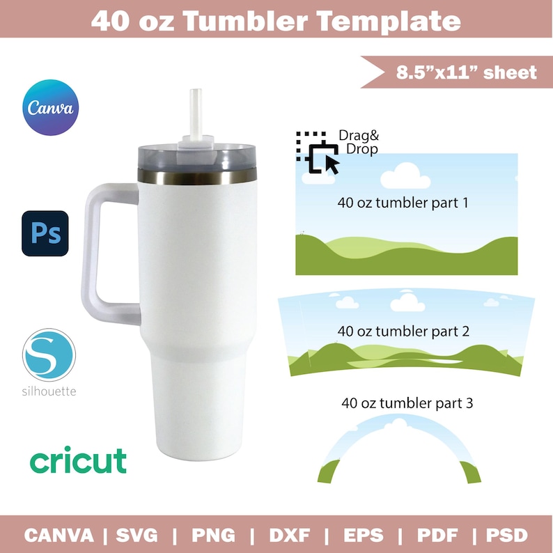 Modèle de gobelet en toile de 40 oz, sublimation de gobelet de 40 oz, emballage de gobelet de 40 oz, modèle d'emballage de gobelet vierge, gobelet avec poignée, modifiable par toile image 1