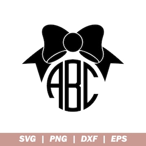 May include: Black and white monogram design featuring a large circle with the letters "ABC" inside. The circle is topped with a large bow.
