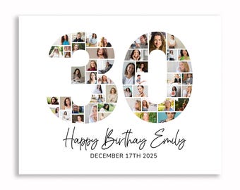 30th Birthday Photo Collage Template, Printable 30th Birthday Gift, Number 30 Collage, Custom Gift for Him, Her, 30th Birthday Gift