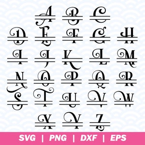 May include: A set of 26 black and white split monogram letters, each with a decorative flourish. The letters are arranged in alphabetical order and are separated by a horizontal line.