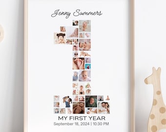 Personalized Birthday Number 1 With Photos | 1st Birthday Photo Collage Template | Customizable Number 1 Photo Collage Template | Gift
