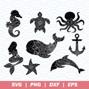 Puede incluir: Un conjunto de ocho siluetas de animales marinos en blanco y negro de estilo mandala. Los animales incluyen un caballito de mar, una tortuga, un pulpo, una ballena, una sirena, una estrella de mar, un ancla y un delfín.