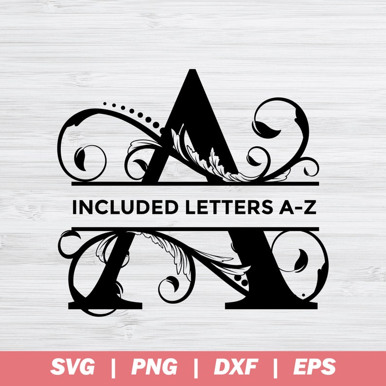 May include: Black and white monogram letter A with decorative floral swirls. The letter is split in half with a horizontal line and the text "INCLUDED LETTERS A-Z" below the line.