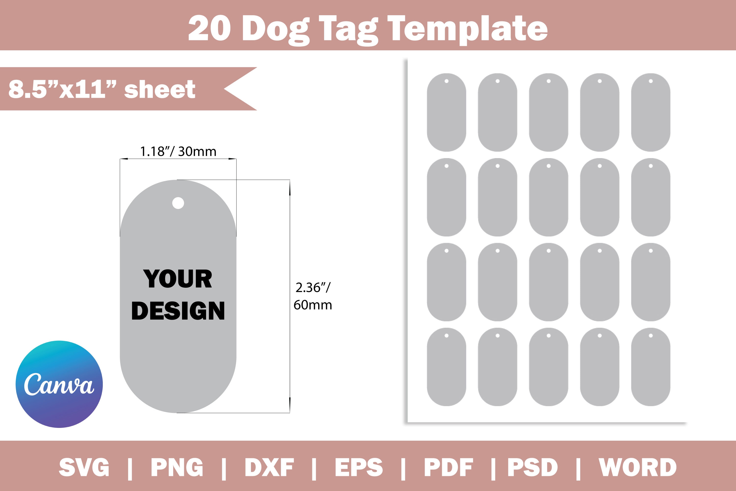 Dog Tag Template SVG, Dog Tag Template Cricut, Svg, Eps, Dxf, Pdf, Ms Word Docx, Png, Psd,8.5"x11" Sheet, Printable, INSTANT DOWNLOAD