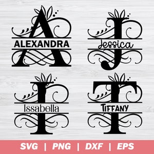 Puede incluir: Cuatro diseños de monogramas en blanco y negro con adornos decorativos. Los diseños presentan las letras A, J, I y T con los nombres Alexandra, Jessica, Isabella y Tiffany escritos debajo de cada letra.
