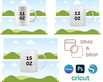 Plantillas de tazas envolventes, plantillas de tazas Canva de 11 oz, 12 oz y 15 oz, plantillas de tazas de sublimación, arrastrar y soltar, plantillas de Canva, plantillas de tazas