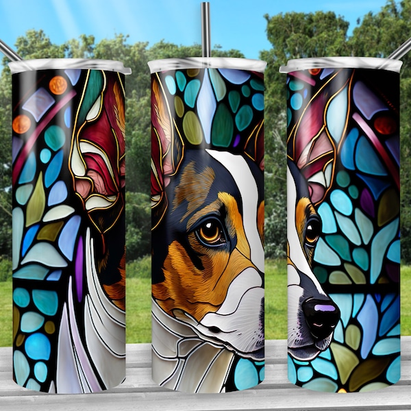 Stained Glass RatTerrier Dog, 20oz Skinny Tumbler, Sublimation Design Template, Straight, Pet Lover Wrap, Rat Terrier Png, COMMERCIAL USE