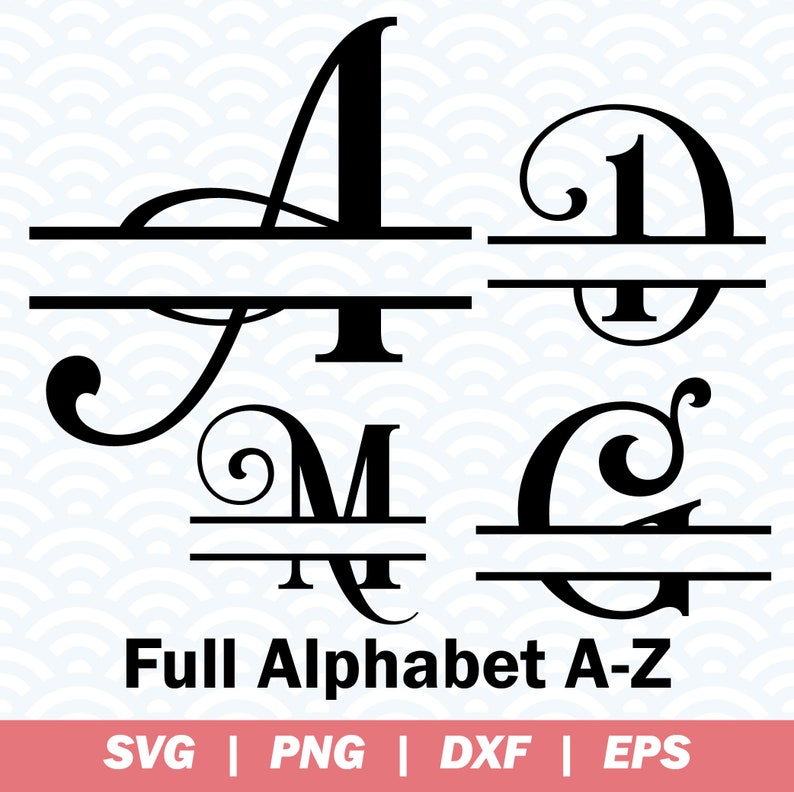 May include: A black and white image showing a full alphabet of split monogram letters. The letters are in a cursive style with a line separating the top and bottom halves of the letter. The text "Full Alphabet A-Z" is below the letters. The text "SVG | PNG | DXF | EPS" is below the text "Full Alphabet A-Z".