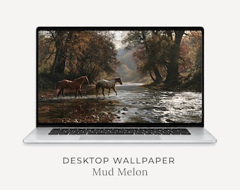 Fondo de pantalla de caballos junto al río, fondo ecuestre con ambiente melancólico (descarga digital)