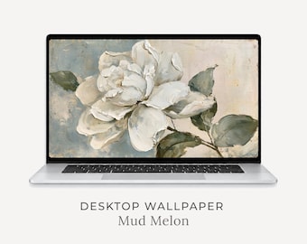 Fondo de pantalla de escritorio de gardenia blanca, fondo floral vintage neutro (descarga digital)