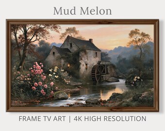Molino de agua otoñal, arte para Samsung Frame TV, pintura de paisaje rural, descarga digital 4K