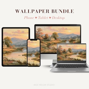 May include: A digital wallpaper bundle displayed on a tablet, smartphone, desktop monitor, and laptop. The screens feature a landscape painting of a cottage by a river at sunset. Text at the top reads WALLPAPER BUNDLE Phone Tablet Desktop.