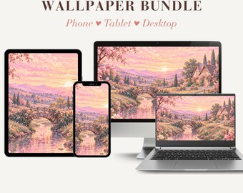 Conjunto de fondos de pantalla de paisajes rosas, fondo de pantalla 3 en 1 para teléfono, tableta y ordenador, fondo digital de paisaje campestre floral.