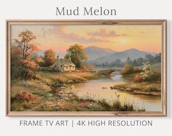 Cuadro decorativo para TV con marco de cabaña otoñal, pintura de paisaje rural, descarga digital 4K.