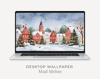 Fondo de pantalla de pueblo navideño para escritorio, acogedor fondo de ordenador de pueblo navideño, invierno nevado (descarga digital)