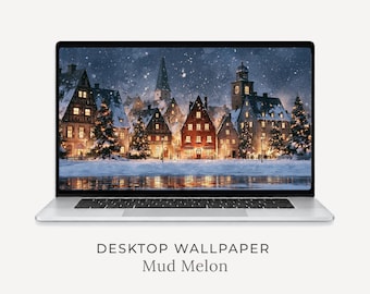 Fondo de pantalla de escritorio de un pueblo navideño nevado, fondo de pantalla de un pueblo invernal para ordenador, vacaciones acogedoras (descarga digital)