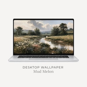 May include: A silver laptop displaying a digital landscape painting on its screen. The artwork features a winding river flowing through a grassy meadow with wildflowers, trees, and a cloudy sky. The text DESKTOP WALLPAPER Mud Melon appears below.