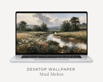 Fondo de pantalla de río rural para escritorio, fondo de paisaje pastoral (descarga digital)