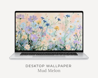 Fondo de pantalla de escritorio con flores silvestres en tonos pastel, fondo de pradera floral suave (descarga digital)