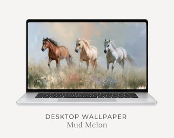 Fondo de pantalla de escritorio "Prado con caballos", paisaje ecuestre suave (descarga digital)