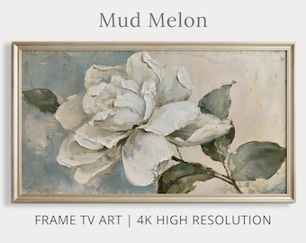 Cuadro decorativo para TV con marco de gardenia blanca / Pintura al óleo floral rústica / Descarga digital 4K
