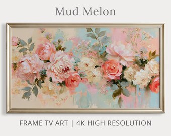 Arte para TV con marco floral rosa / Pintura al óleo de rosas coloridas / Descarga digital 4K